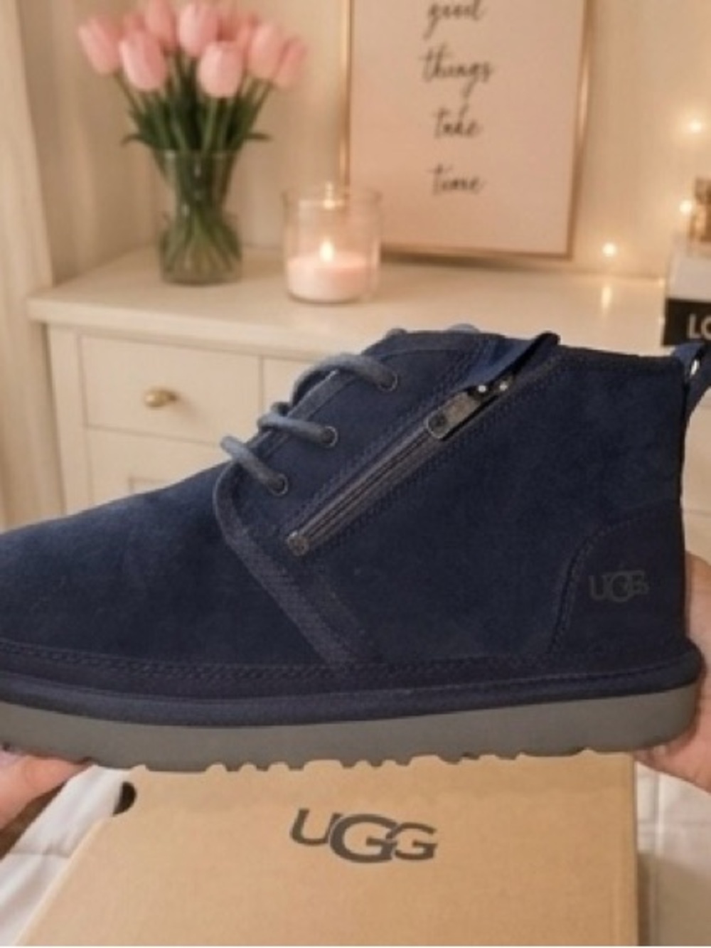 UGG Navy Suede Zip Lace-Up Ankle Boot